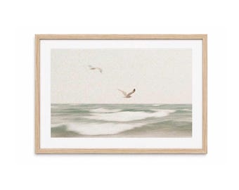 Neutral Coastal Ocean Print with Seagulls | Minimal Beach Wall Art | Vintage Coastal Decor | Soft Ocean Waves Poster | Printed and Shipped