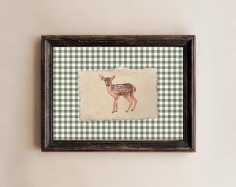 green gingham deer nursery wall art print, french country, vintage grandmillennial animal sketch, cottage core prints, digital download