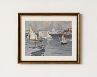 east coast grandmillennial print, vintage sailboat painting, coastal landscape, nantucket, coastal decor, nautical wall art digital download