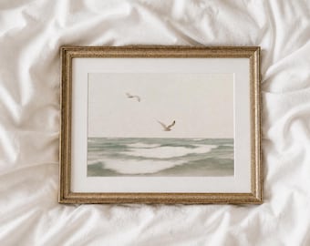 Neutral kusttryck med måsar | Minimalistisk strandväggkonst | Vintage kustdekor | Utskrivbar mjuk havsvågor | Digital nedladdning
