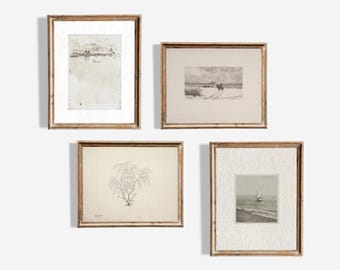 Conjunto de 4 bocetos vintage de playa, decoración grandmillennial, paisaje marino costero, boceto de velero, boceto de paisaje vintage, lámina imprimible de galería neutra