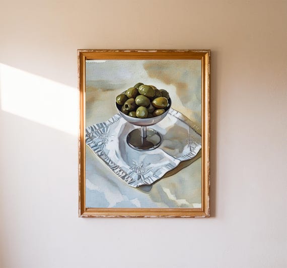 cocktail olives, olive wall art, grandmillennial coastal kitchen art, bar cart decor, watercolor palette, fine artwork, still life print