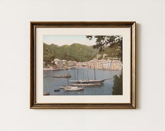 mediterranean boats painting, vintage summer coastal art, soft coastal landscape, digital download, mediterranean decor, printable, boat