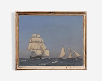 east coast grandmillennial print, vintage sailboat painting, coastal landscape, nantucket, coastal decor, nautical wall art digital download