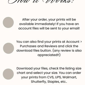 May include: A beige graphic with the text "How it Works?" and instructions for digital print downloads. The steps include immediate availability, account access, and size selection. The Monday House logo is at the bottom.