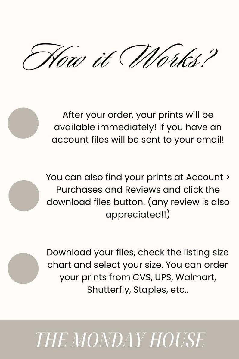 May include: A beige graphic with the text "How it Works?" and instructions for digital print downloads. The steps include immediate availability, account access, and size selection. The Monday House logo is at the bottom.