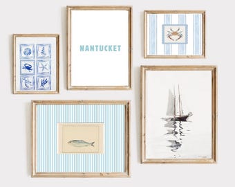 Juego de 5 impresiones de pared con galería costera, impresión de Nantucket, impresiones de arte de pared azul, arte de pared playero, sardina, nieta costera, decoración de casa de playa