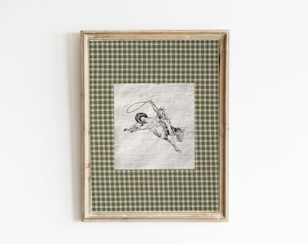 green plaid cowboy wall art, vintage western rodeo decor, farmhouse decor, country nursery wall art boy room wall decor, cowboy horse sketch