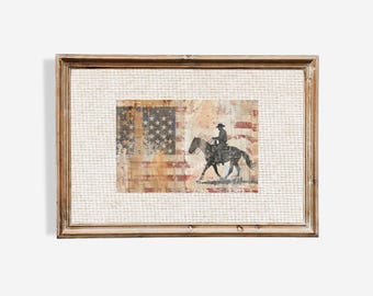 usa flag cowboy wall art, vintage american flag, farmhouse decor, country nursery wall art, boy room wall decor, patriotic wall art, horse