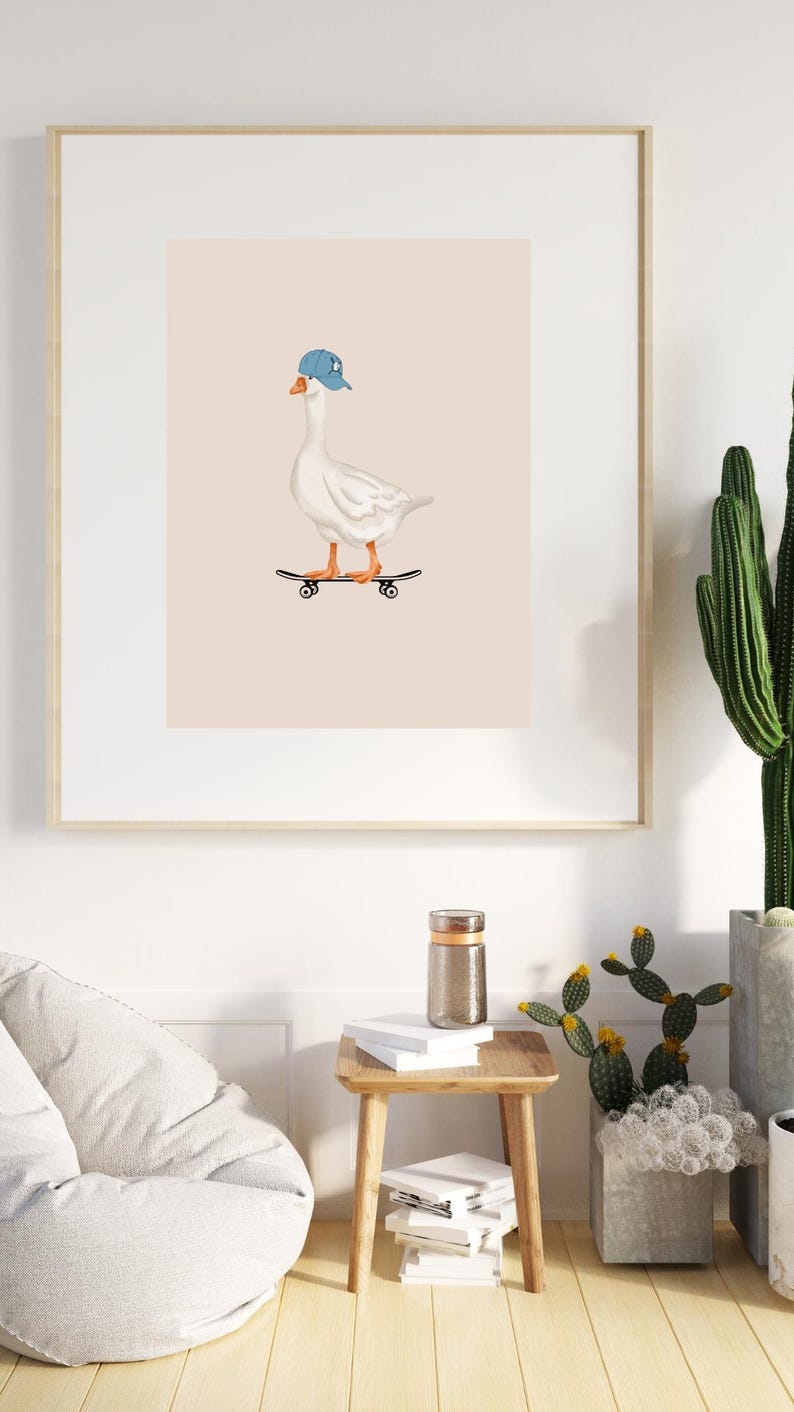Silly Goose Art, Boys Bedroom Ideas, Duck Prints, Skateboard Bedroom Decor, Goose Print Playroom Wall Art, Dopamine Decor, Minimalist Goose image 6