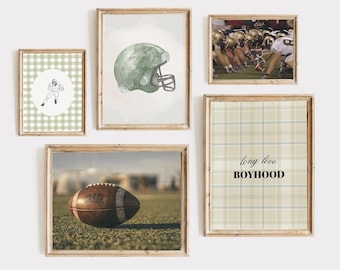 football wall art set of 5, vintage football prints, long live boyhood, sage green nursery art, boys room printable art, sports gallery art