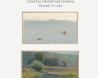 set of 2 frame tv art bundle, east coast grandmillenial prints, vintage style seascape painting, coastal tv art, digital download