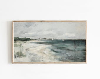 frame tv art, east coast grandmillenial prints, vintage style seascape painting, coastal tv art, sailboat painting digital download