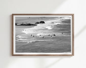 fotografi av strandsurfing, horisontell kustkonst, digital nedladdning, väggkonst med kustsurfing, fotografi i Kalifornien, svartvitt