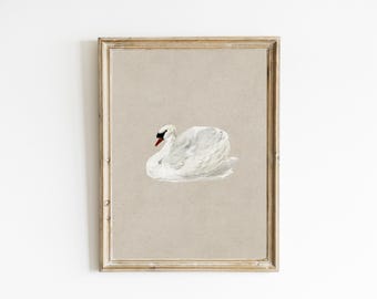 vintage swan art print, neutral tone beige nursery prints, modern cottage style, vintage animal drawing wall art, farmhouse wall decor
