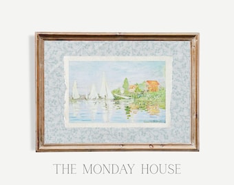 floral coastal grandmillennial print, nantucket print, beachy wall art, coastal granddaughter, beach house decor, vintage sailboat landscape