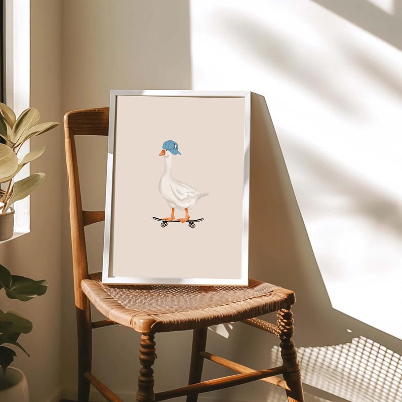 Silly Goose Art, Boys Bedroom Ideas, Duck Prints, Skateboard Bedroom Decor, Goose Print Playroom Wall Art, Dopamine Decor, Minimalist Goose image 4