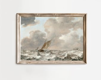 east coast grandmillennial print, vintage sailboat painting, coastal landscape, nantucket, coastal decor, nautical wall art digital download