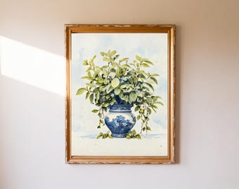 blue porcelain vase print, watercolor chinoiserie vase decor, coastal decor, coastal cottage, still life painting, floral wall art