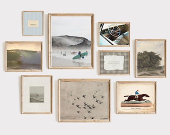 set of 9 coastal granddaughter gallery wall prints, grandmillennial decor, vintage coastal cottage decor, beach house, surfer wall art