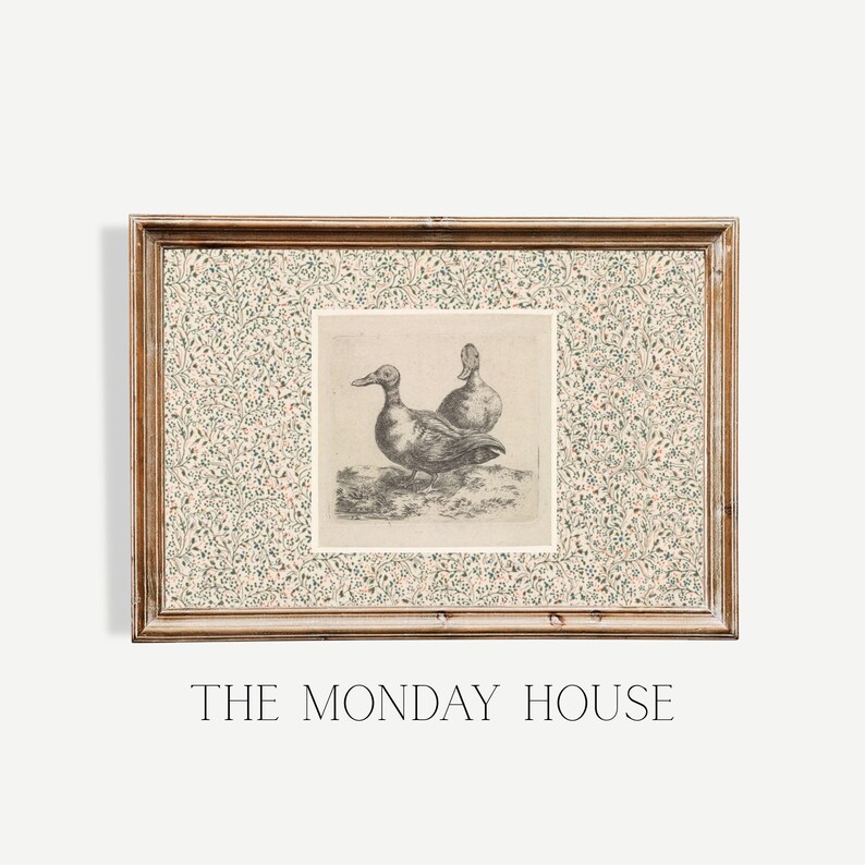May include: Framed vintage print featuring two ducks in a detailed monochrome illustration. The artwork is set against a floral patterned background and framed in a rustic wooden frame. The text "THE MONDAY HOUSE" is displayed at the bottom.