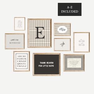 May include: A set of framed wall art with a rustic theme. The collection features a large framed letter "E", a sign that reads "THANK HEAVEN FOR LITTLE BOYS", and other framed prints with text and illustrations. The colour scheme is neutral with black, white, and tan.