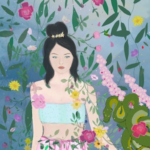 Eve in Eden embellecida a mano con impresión artística giclee adornada a mano