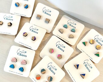 Handmade Wood & Acrylic Stud Earrings, Geometric Cloud Design