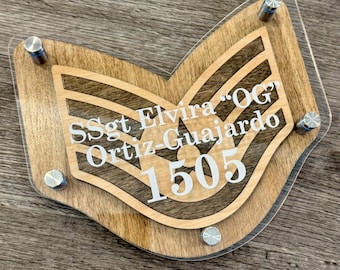 Placa de Listras de Classificação Militar Personalizada – Display de Acrílico e Madeira Personalizado | Todas as Classificações Disponíveis