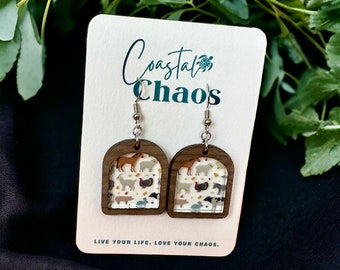 Handmade Walnut Wood Farm Animal Print Earrings