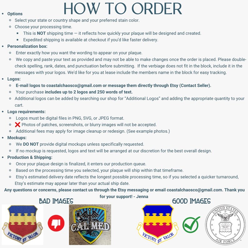 May include: A white background with text detailing how to order custom plaques. The text includes options, personalization, logo requirements, mockups, and production information. Examples of good and bad images are shown.