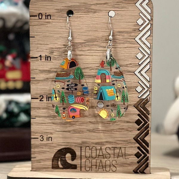 Camping dangle earrings, camper, tent, acrylic, earrings, fun, women’s gift, jewelry, present