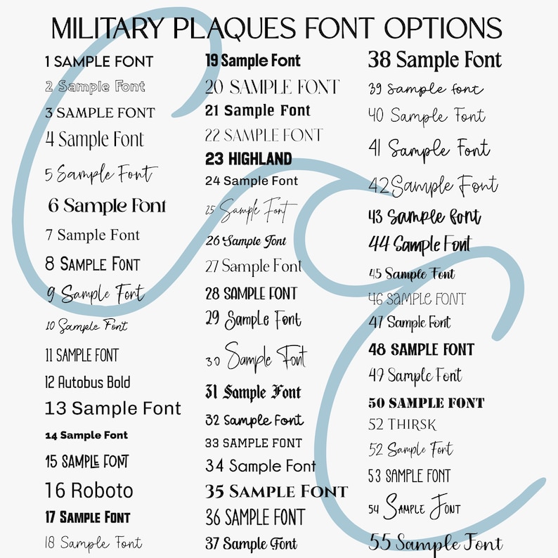 May include: A white background displays a list of 55 font options for military plaques. The text includes font names and numbers, with a light blue decorative swirl. Font styles range from bold to script.