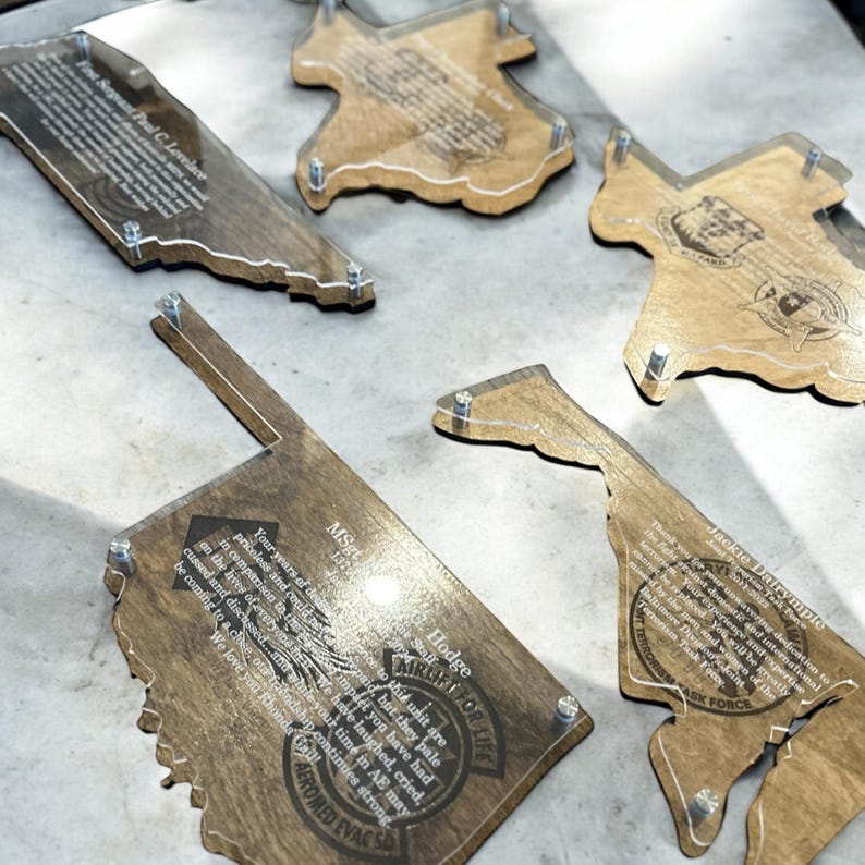 May include: Several wooden plaques with clear acrylic overlays, each engraved with text and attached with silver screws. The plaques are various shapes, including state outlines and a guitar. The text includes names and phrases like "AEROMED EVAC SQ".