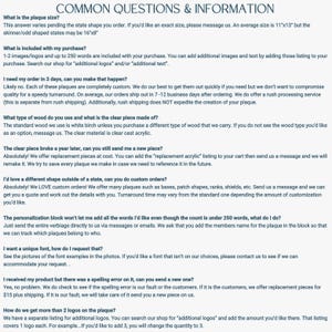 May include: A page of text titled "COMMON QUESTIONS & INFORMATION" with details about plaque sizes, included features, order turnaround, materials, custom orders, personalization, and logos. Average plaque size is 11"x13".