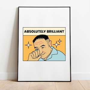 May include: A framed print with a cartoon illustration of a man with a surprised expression. The text "ABSOLUTELY BRILLIANT" is above the illustration.