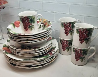 Royal Daulton Everyday Vintage Grape Fine China Set, Made in England, 6 Dinner Pates, 6 Salad Plates, 6 Soup Bowls, 5 Mugs, Thanksgiving.