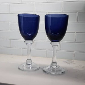 Blue Wine Glasses Set of Two, Vintage Clear Blue Glass Stemware