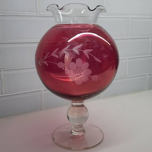 Vintage Cranberry Crystal Etched Flowers Cornflower Patterned Globe Vase