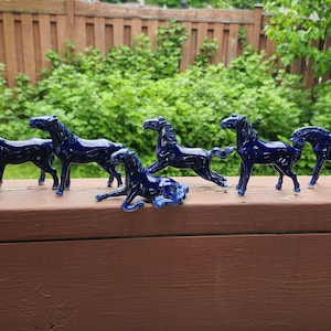 Vintage Cobalt Blue, Chinese Ceramic Horses, Six Dark Pottery Horses Figures, Mini Porcelain Collectible Horse Figurines, Horse Lover Gift.