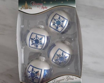 Christmas by Krebs, set of four white and blue Christmas ball ornaments with snowflakes