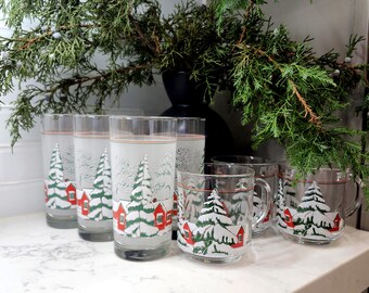 Vintage Cabin Winter Scene Tumblers and Mugs, KIG Indonesia, Set of 7