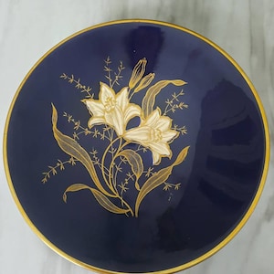 Vintage Cobalt blue platter with gold lilies, made in Western Germany.