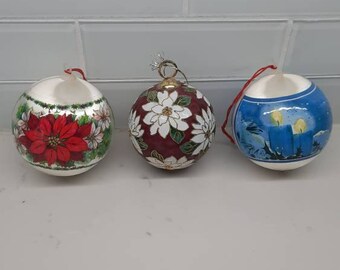 Vintage Christmas Tree ornaments collection,  lot of three ornaments, Satin Sheen Unbreakable Christmas Ornaments, Cloisnne style ornament .
