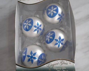 Vintage Christmas white and blue  ball ornament by Krebs, set of four.