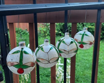 Vintage Danson Hand Painted Glass Christmas Tree Ornaments, Set of Four in Original Box, Made in Mexico for K-Mart, Christmas Decorations.