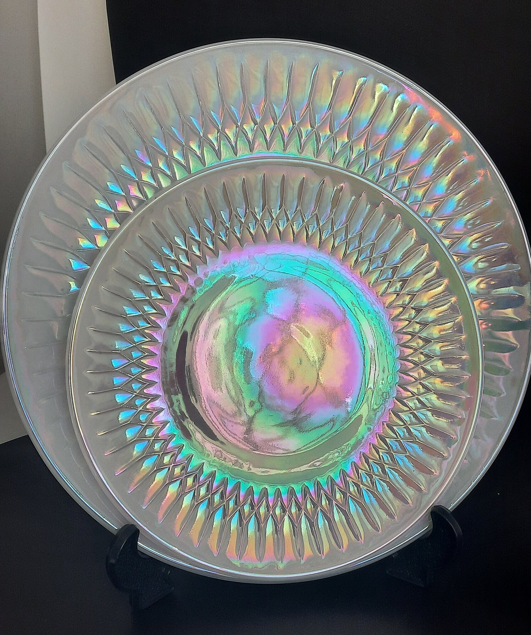 Vintage Federal Glass Iridescent Plates: Moonglow Diamond Point 