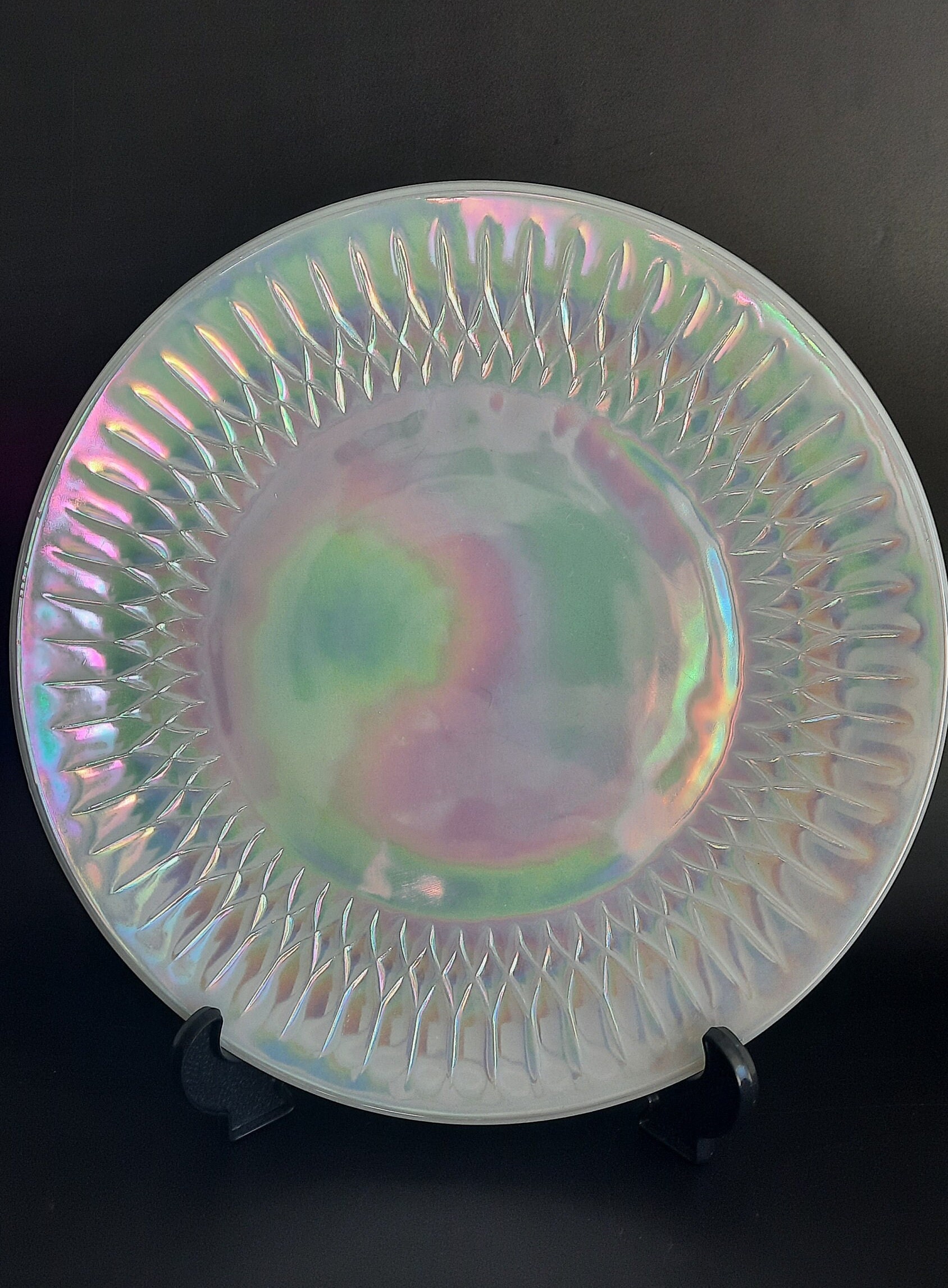 Vintage Federal Glass Iridescent Plates: Moonglow Diamond Point 