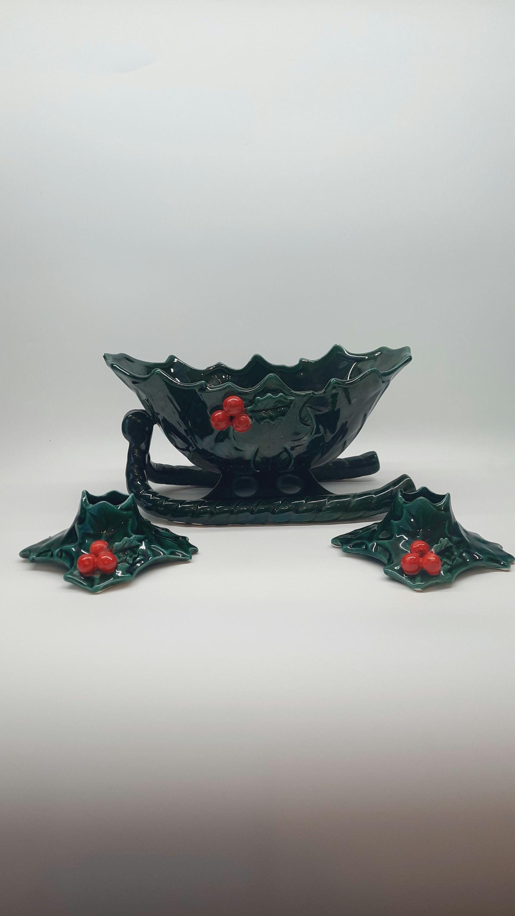 Vintage Lefton Holly Berry Set of Sleigh Candy Dish and Two Stick Candle Holders, Retro Christmas Decoration, Holiday Decor Ceramic.