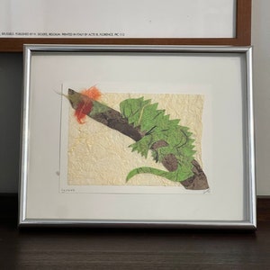 Vintage 90s Paper Collage Iguana Art, Wall Hanging, Children&#39;s Room Decor, Nature Abstract Art, Signed Susan Sanders, Tropical Artwork